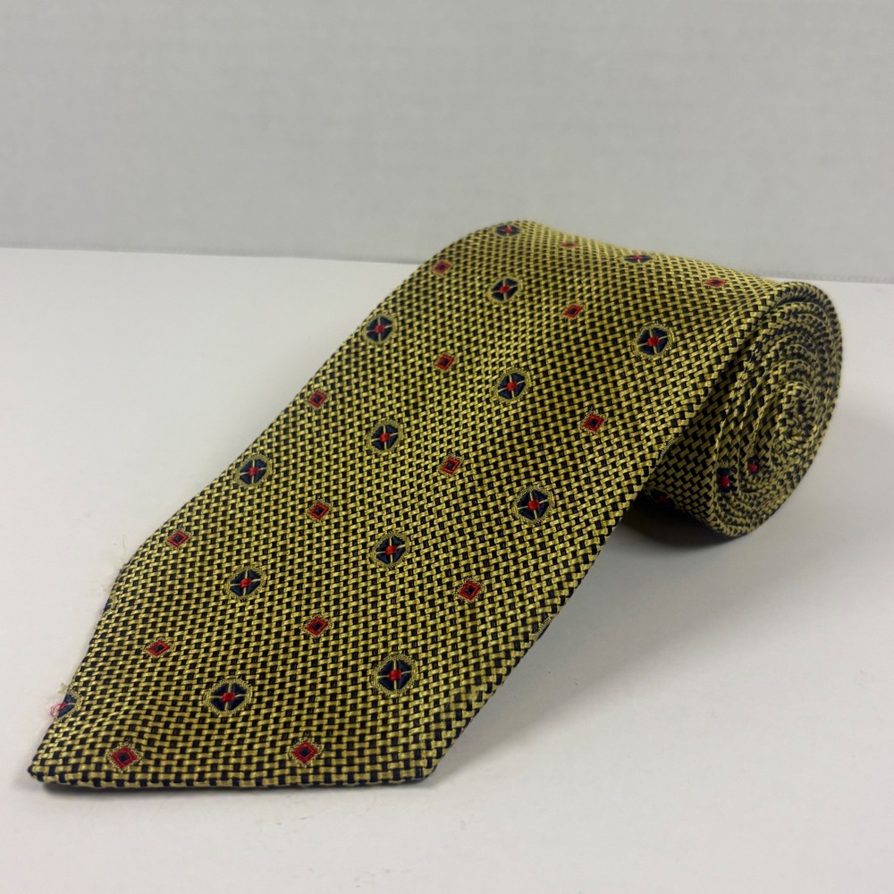 Ermenegildo Zegna Tie Mens OS Gold Silk Geometric Medallion Made in Italy 0188